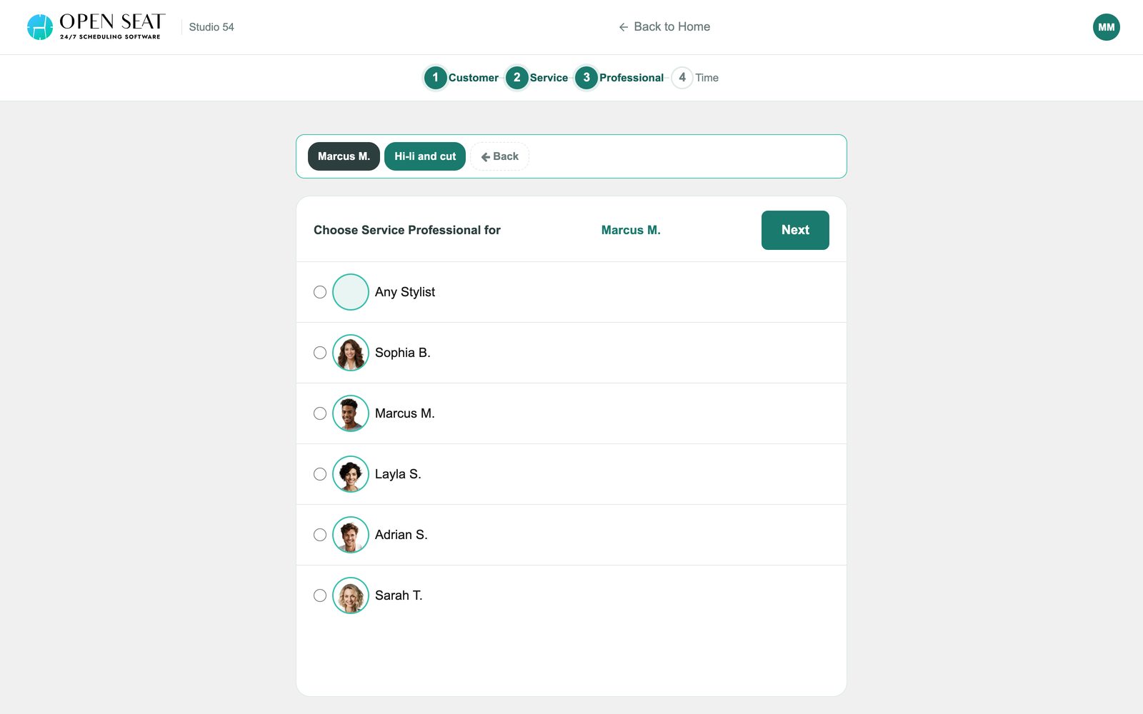 Online booking step where clients choose from the salon's professionals