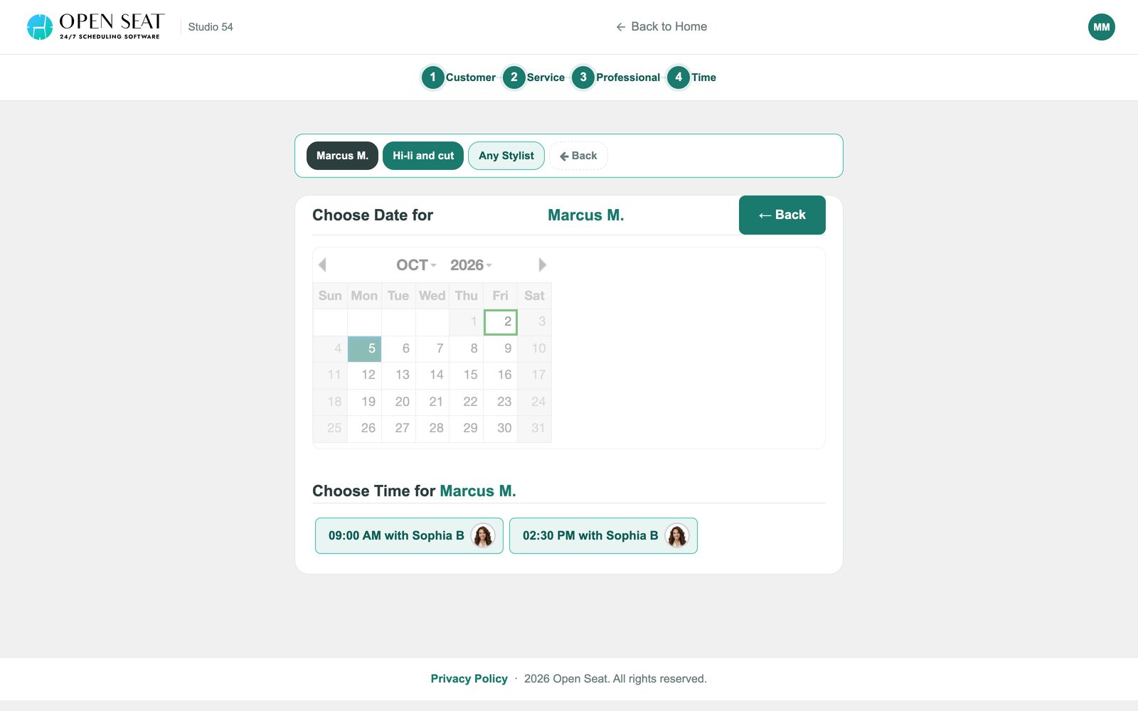 Online booking showing open appointment times with a chosen stylist