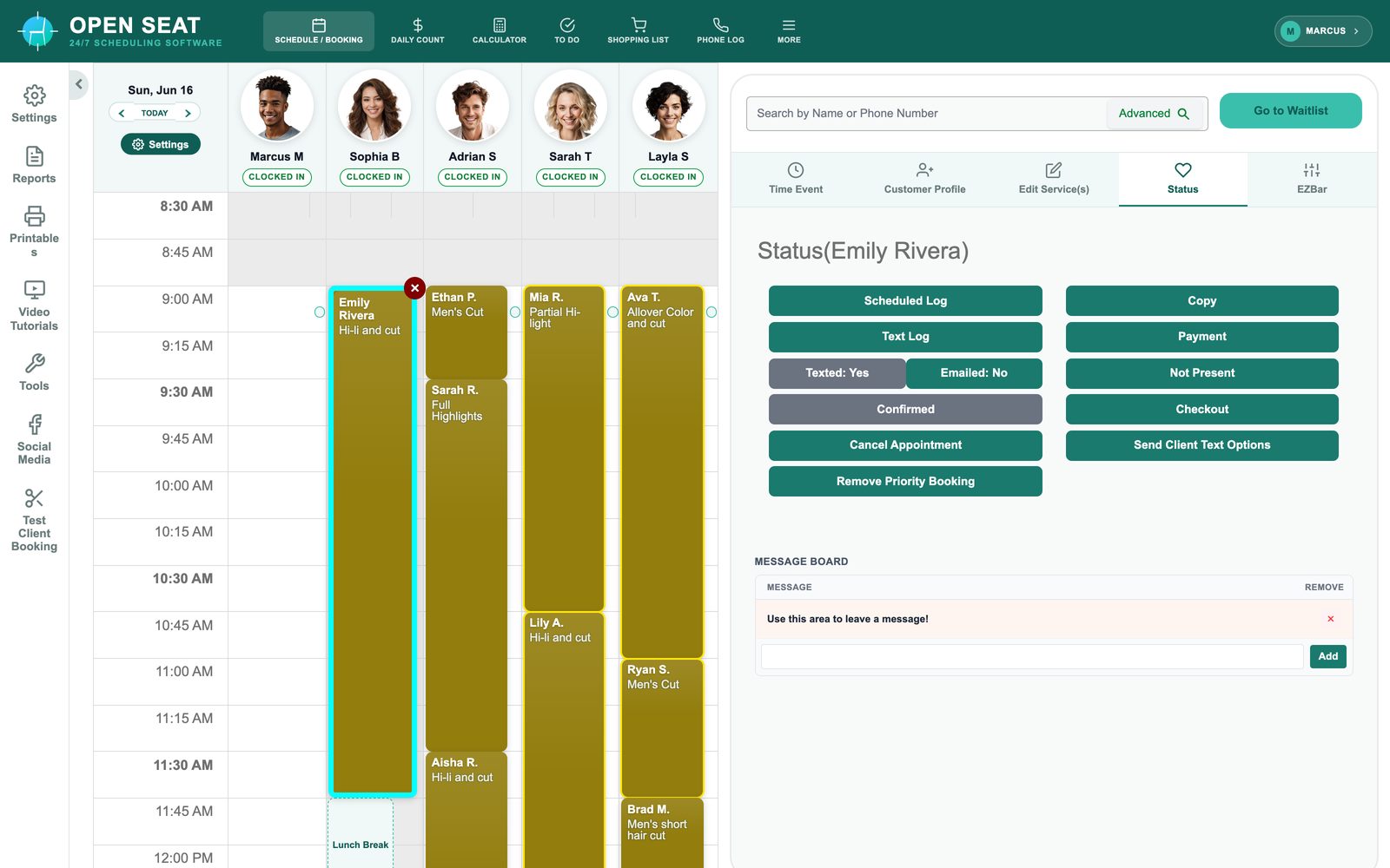 Appointment status panel showing a confirmed appointment with a reminder text sent