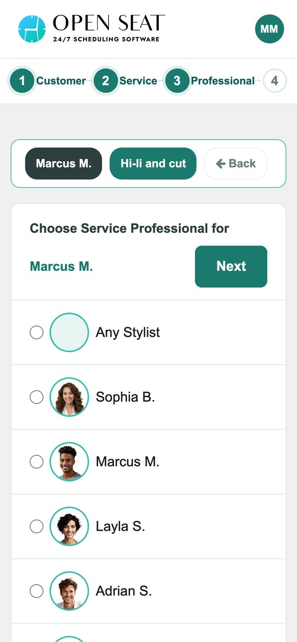 Choosing a professional in online booking on a phone