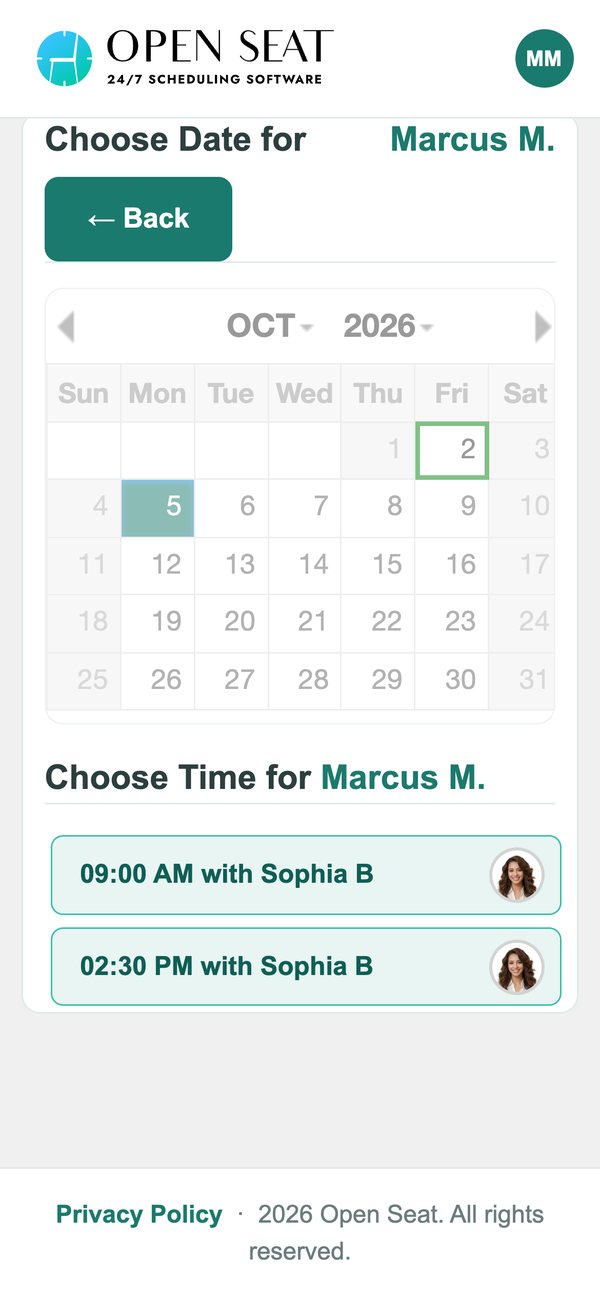 Choosing a date and time in online booking on a phone